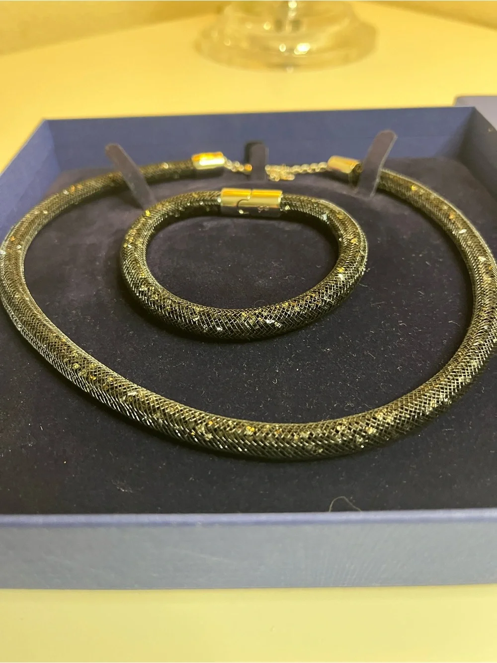 Swarovski Black Sparkle Crystal Mesh Necklace and Bracelet Set Boxed NWT